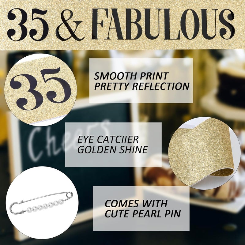 Hapdoo 35th Birthday Decorations for Women, 35th Birthday Gifts Sash and Crown for Women Set, 35 & Fabulous Party Supplies, Gold - Image 4